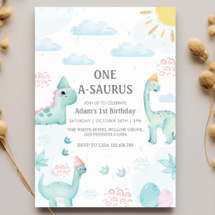 Invitation Premier anniversaire Blue Watercolor Dinosaures Pa