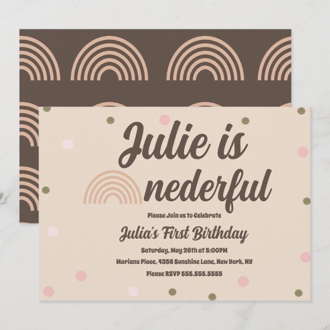 Invitation Premier anniversaire Bohemian Rainbow Onederful Do (Devant / Derrière)