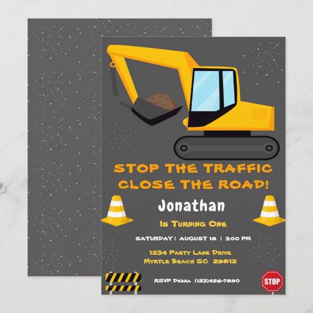 Invitation Premier anniversaire Boys de construction (Devant / Derrière)