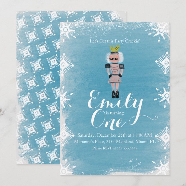Invitation Premier Anniversaire Casse-noisette Snowflakes Aqu (Devant / Derrière)