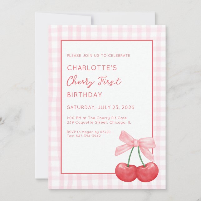 Invitation Premier anniversaire Cerise Gingham Rose Fille  (Devant)