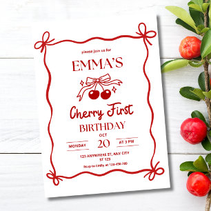 Invitation Premier anniversaire Cerise Ruban Rouge Fille Ceri
