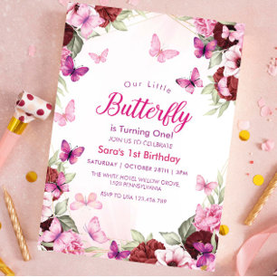 Invitation Premier anniversaire Chic Floral Butterflies Party