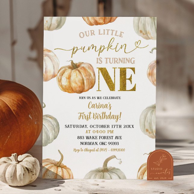 Invitation Premier anniversaire Citrouille Or et Orange Paste (Créateur téléchargé)