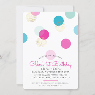 Invitation PREMIER ANNIVERSAIRE confetti taches de menthe ros