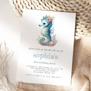 Invitation Premier Anniversaire Cute Watercolor Girl Seahorse