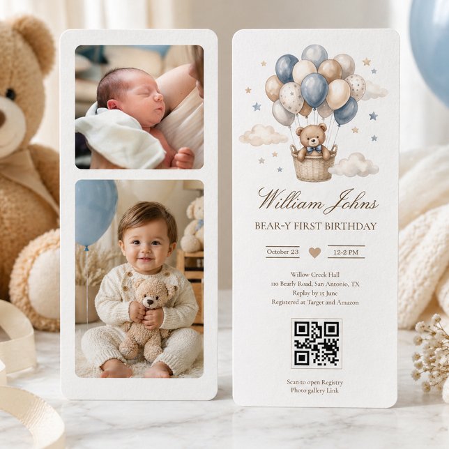 Invitation Premier anniversaire de Beary Teddy Bear bleu or Q (Créateur téléchargé)