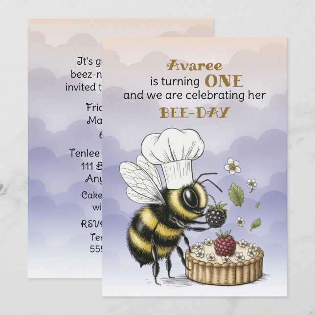Invitation Premier anniversaire de Bébé Fille Petite Abeille (Devant / Derrière)