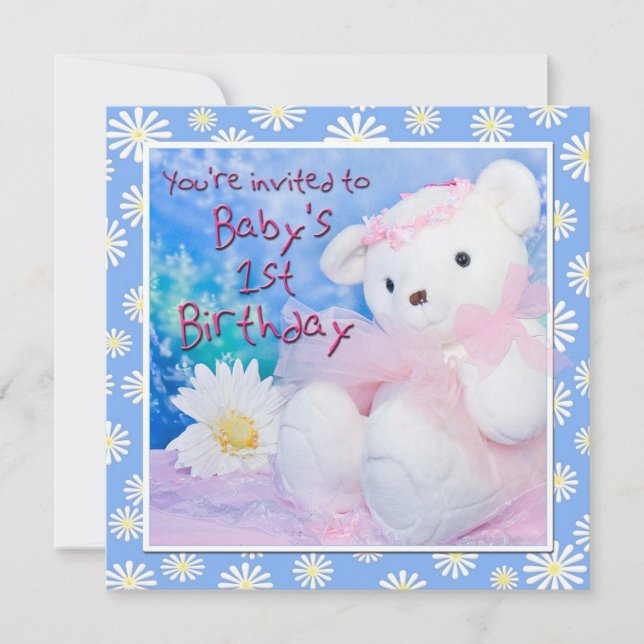 Invitation Premier anniversaire de bébé Teddy Bear & Daisies (Devant)