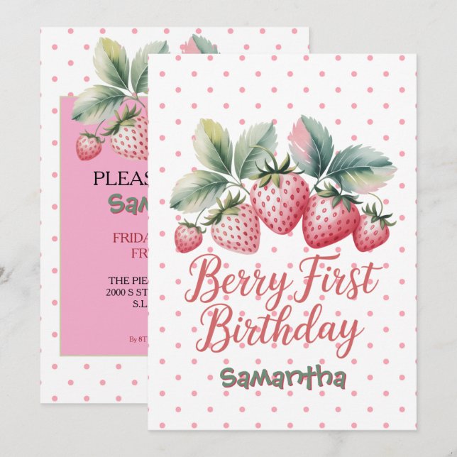 Invitation Premier anniversaire de Berry à la fraise, une dou (Devant / Derrière)