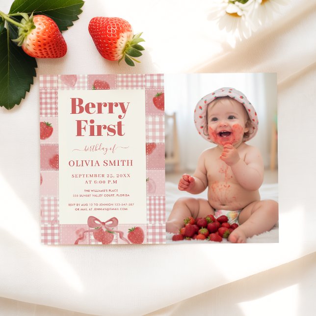 Invitation Premier anniversaire de Berry avec un nœud rose Ph (Créateur téléchargé)
