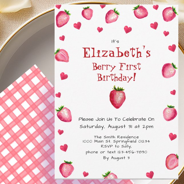 Invitation Premier anniversaire de Berry Été de fraise à carr (Créateur téléchargé)