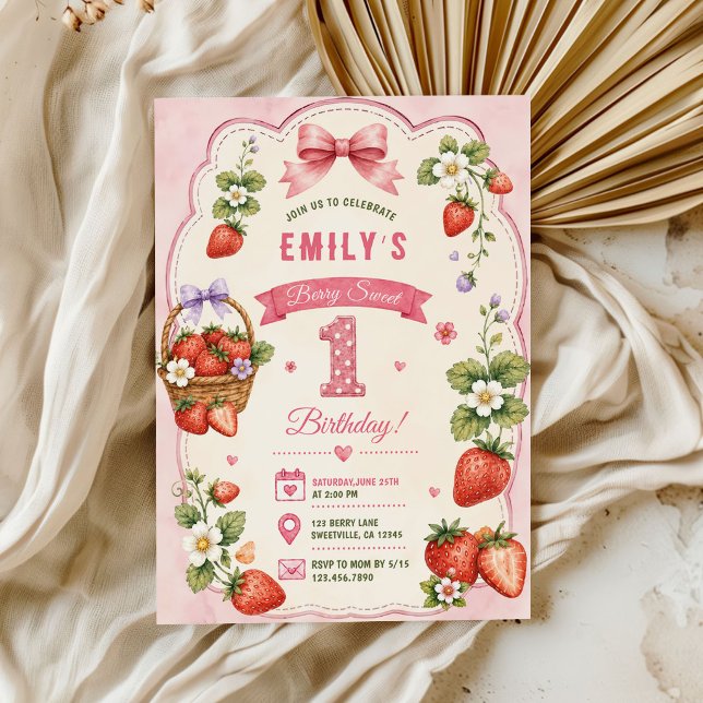 Invitation Premier anniversaire de Berry, fille à la fraise m (Créateur téléchargé)