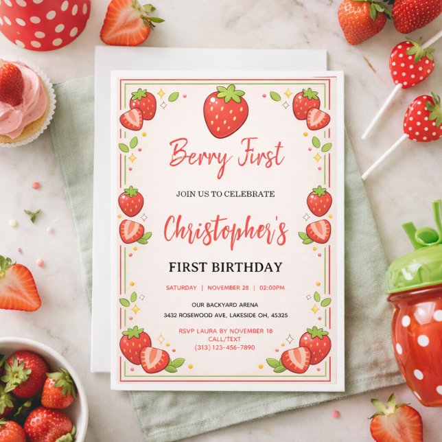 Invitation Premier anniversaire de Berry | Premier anniversai (Berry First Birthday | Strawberry 1st Birthday Invitation)