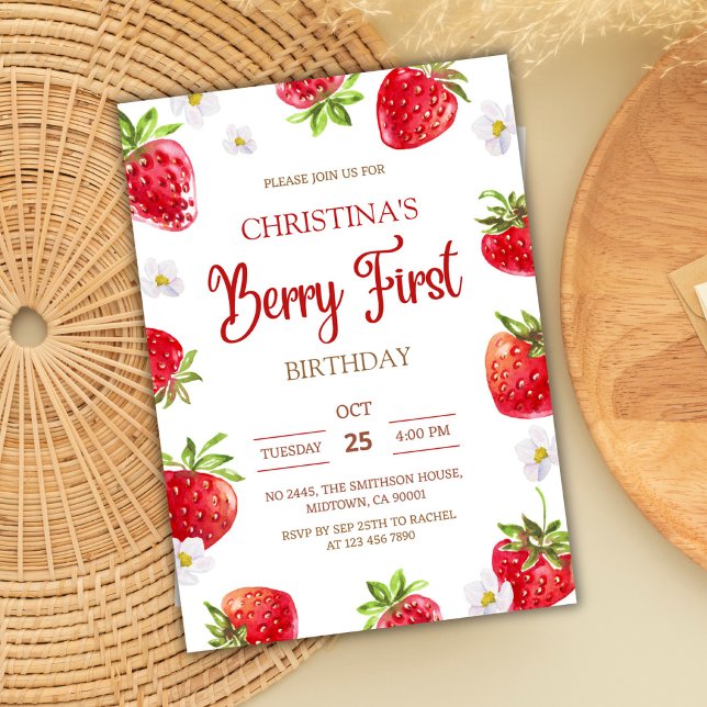 Invitation Premier anniversaire de Berry rose fraise adorable (Créateur téléchargé)
