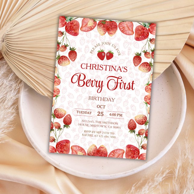 Invitation Premier anniversaire de Berry rose fraise fille mi (Créateur téléchargé)