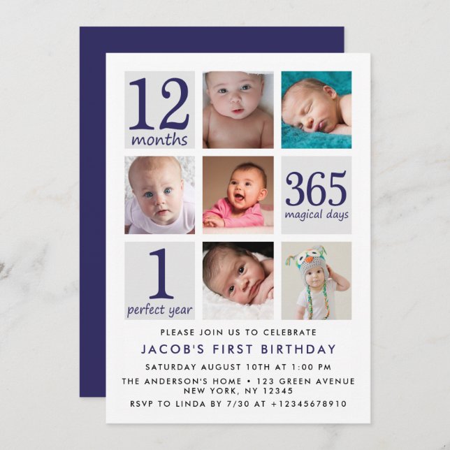 Invitation Premier anniversaire de bleu marine de collage (Devant / Derrière)