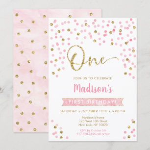 Invitation Premier anniversaire de Confetti en or rose