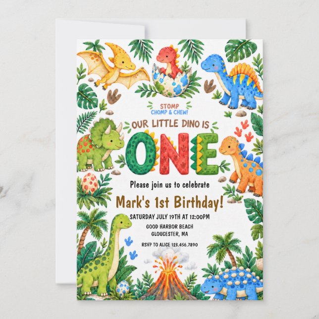 Invitation Premier anniversaire de dinosaure coloré (Devant)