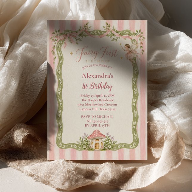 Invitation Premier anniversaire de fée rayures roses champign (Créateur téléchargé)