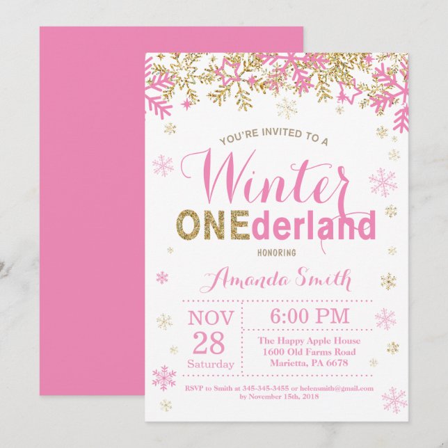 Invitation Premier anniversaire de fille rose et or Onederlan (Devant / Derrière)