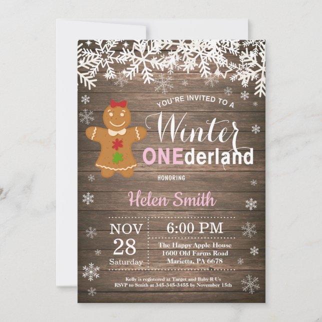 Invitation Premier anniversaire de fille rustique Winter Oned (Devant)