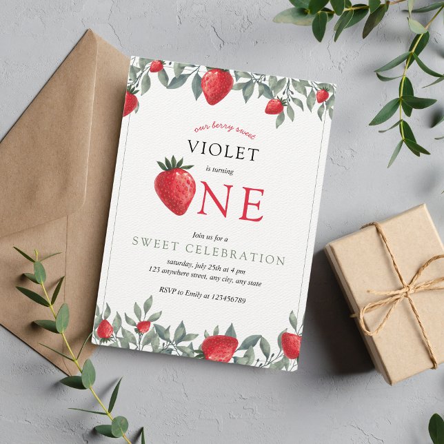 Invitation Premier anniversaire de fraise | Aquarelle douce B (Créateur téléchargé)