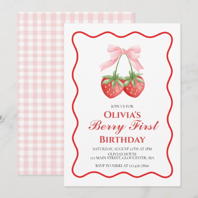 Invitation Premier anniversaire de fraise rose Berry (Devant / Derrière)