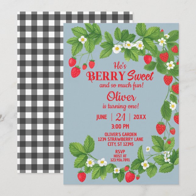 Invitation Premier anniversaire de fraise (rouge et bleu) (Devant / Derrière)