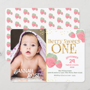 Invitation Premier anniversaire de fraise sucrée avec photo