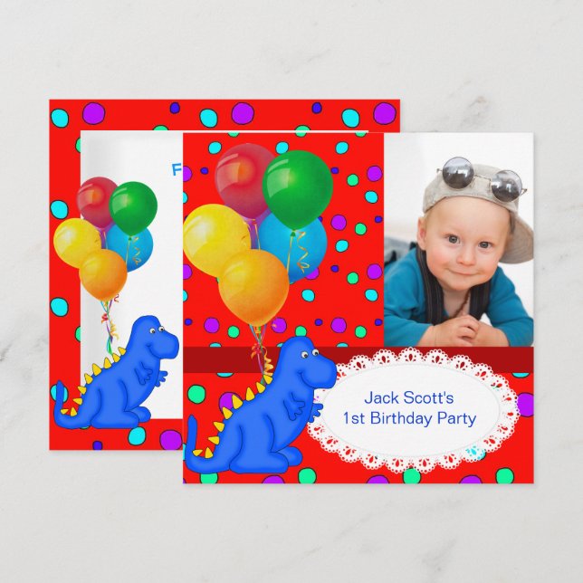 Invitation Premier anniversaire de garçon avec dinosaure (Devant / Derrière)