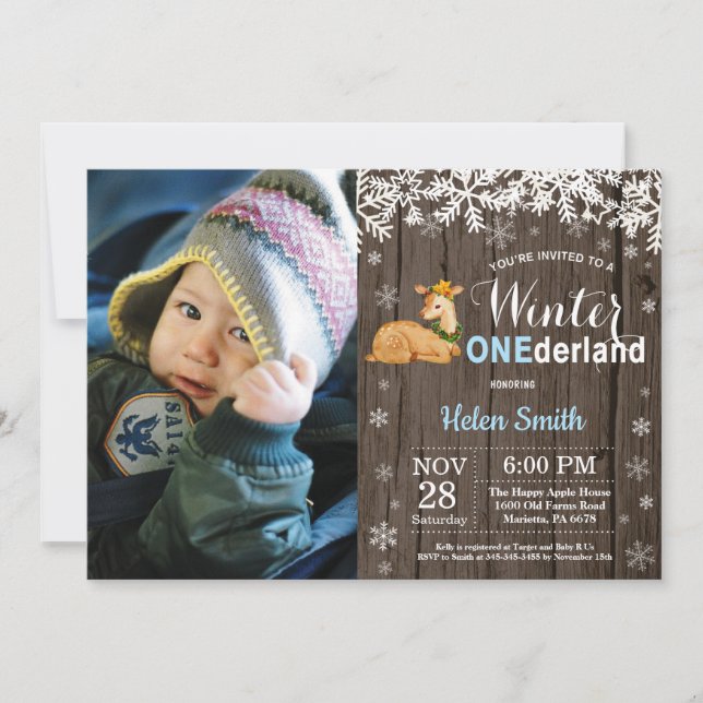 Invitation Premier Anniversaire de Garçon Hiver Onederland Ru (Devant)