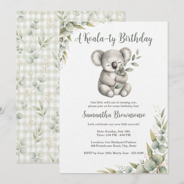 Invitation Premier anniversaire de koala mignon (Devant / Derrière)