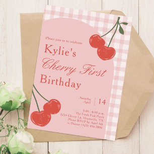 Invitation Premier anniversaire de la cerise de fille rose et