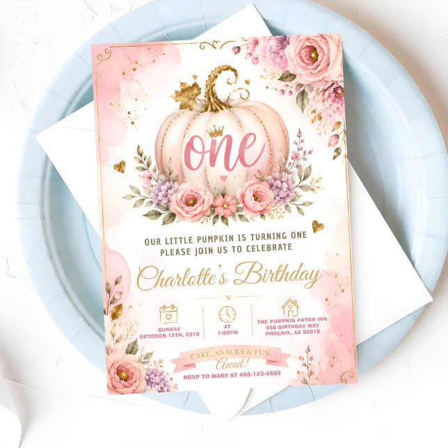Invitation Premier anniversaire de la citrouille rose (Créateur téléchargé)