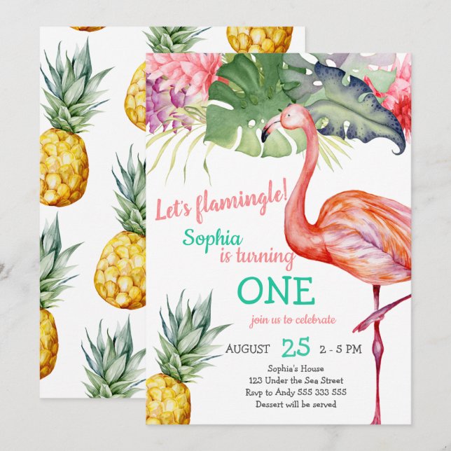 Invitation Premier anniversaire de la fille Flamant rose rose (Devant / Derrière)