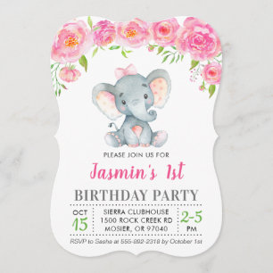 Invitation Premier anniversaire de la Fille Floral Pink Eleph