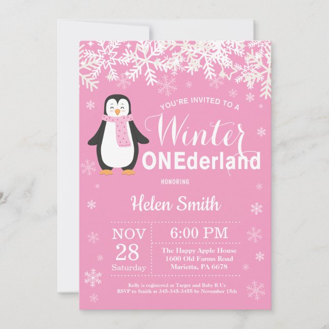 Invitation Premier anniversaire de la fille pingouin Onederla (Devant)