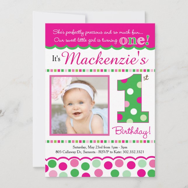 Invitation Premier anniversaire de la Polka Pink & Green Prep (Devant)