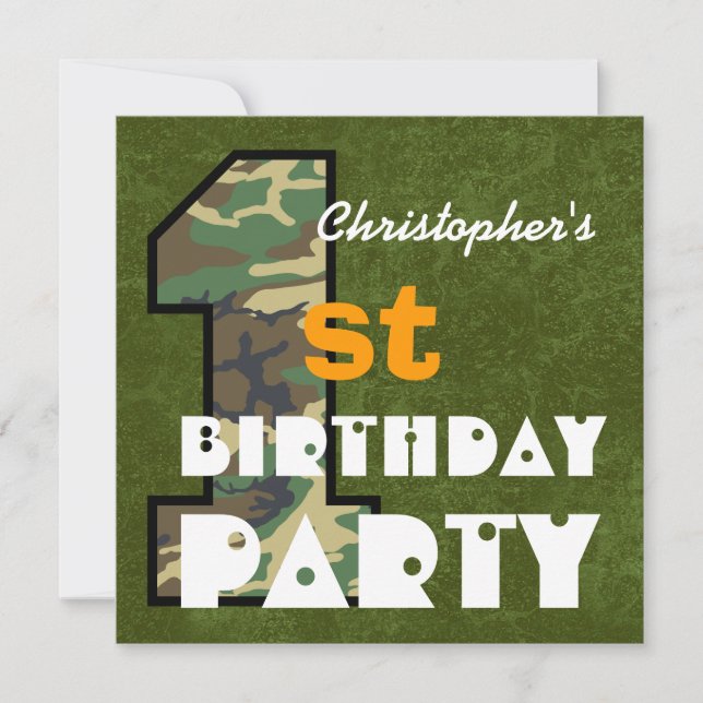 Invitation Premier anniversaire de l'enfant CAMO Style Nom pe (Devant)