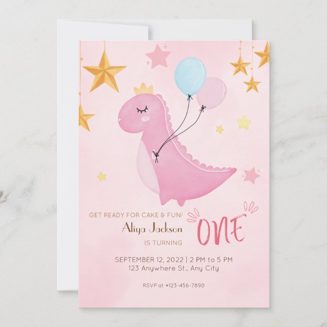 Invitation Premier anniversaire de Little Pink Dino (Devant)