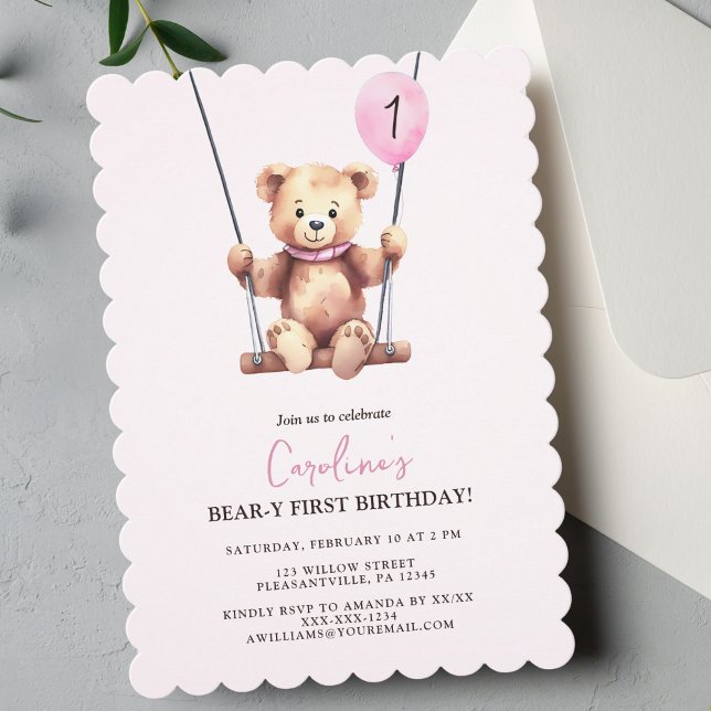 Invitation Premier anniversaire de l'ours en peluche rose (Créateur téléchargé)