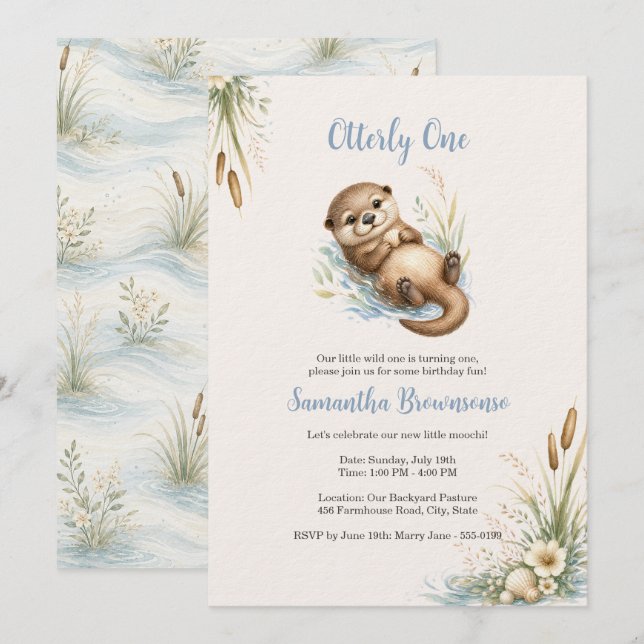 Invitation Premier anniversaire de loutre mignonne (Devant / Derrière)