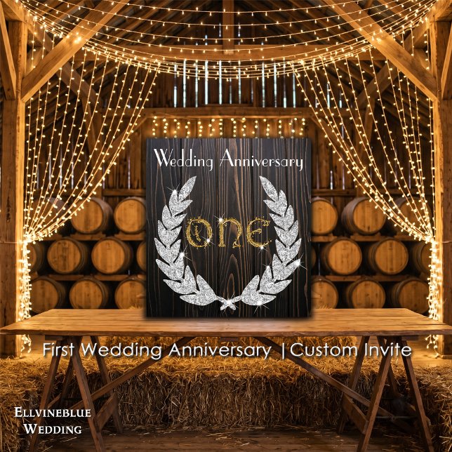 Invitation Premier anniversaire de mariage | Bois rustique et (Créateur téléchargé)
