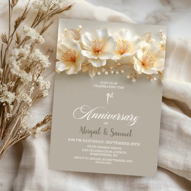 Invitation Premier anniversaire de mariage floral blanc et or (Créateur téléchargé)