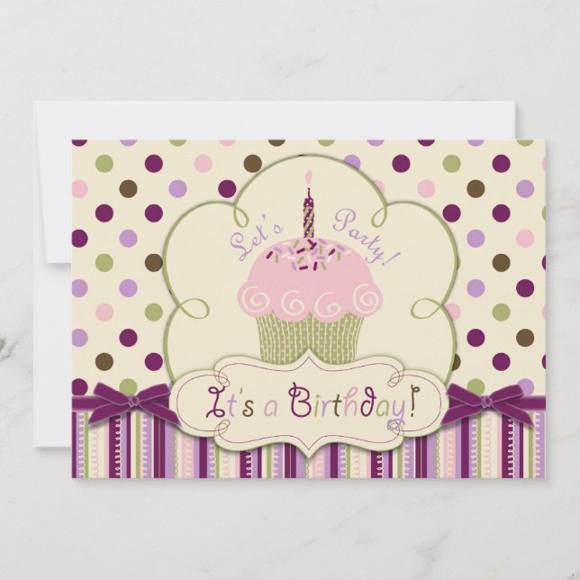 Invitation Premier anniversaire de Mulberry Dot Cupcake (Devant)