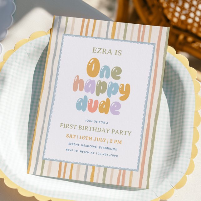 Invitation Premier anniversaire de ONE Happy Dude rayures pas (Créateur téléchargé)