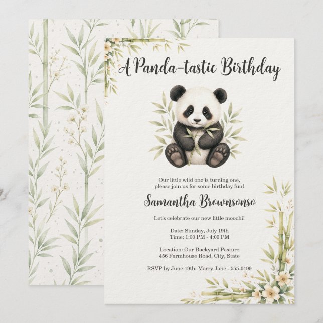 Invitation Premier anniversaire de Panda Mignon (Devant / Derrière)