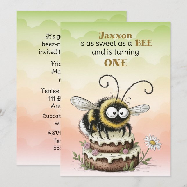 Invitation Premier anniversaire de Petit Abeille Bébé Garçon (Devant / Derrière)