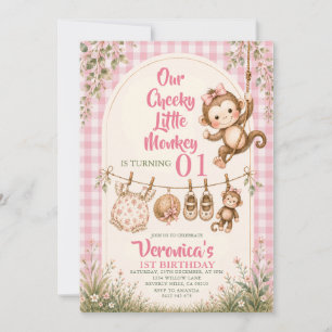 Invitation Premier anniversaire de petit singe rose cheeky
